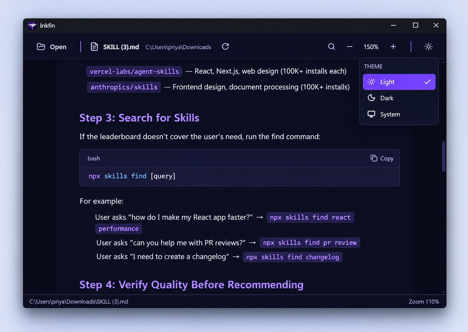 Inkfin displaying highlighted code and a table in dark mode
