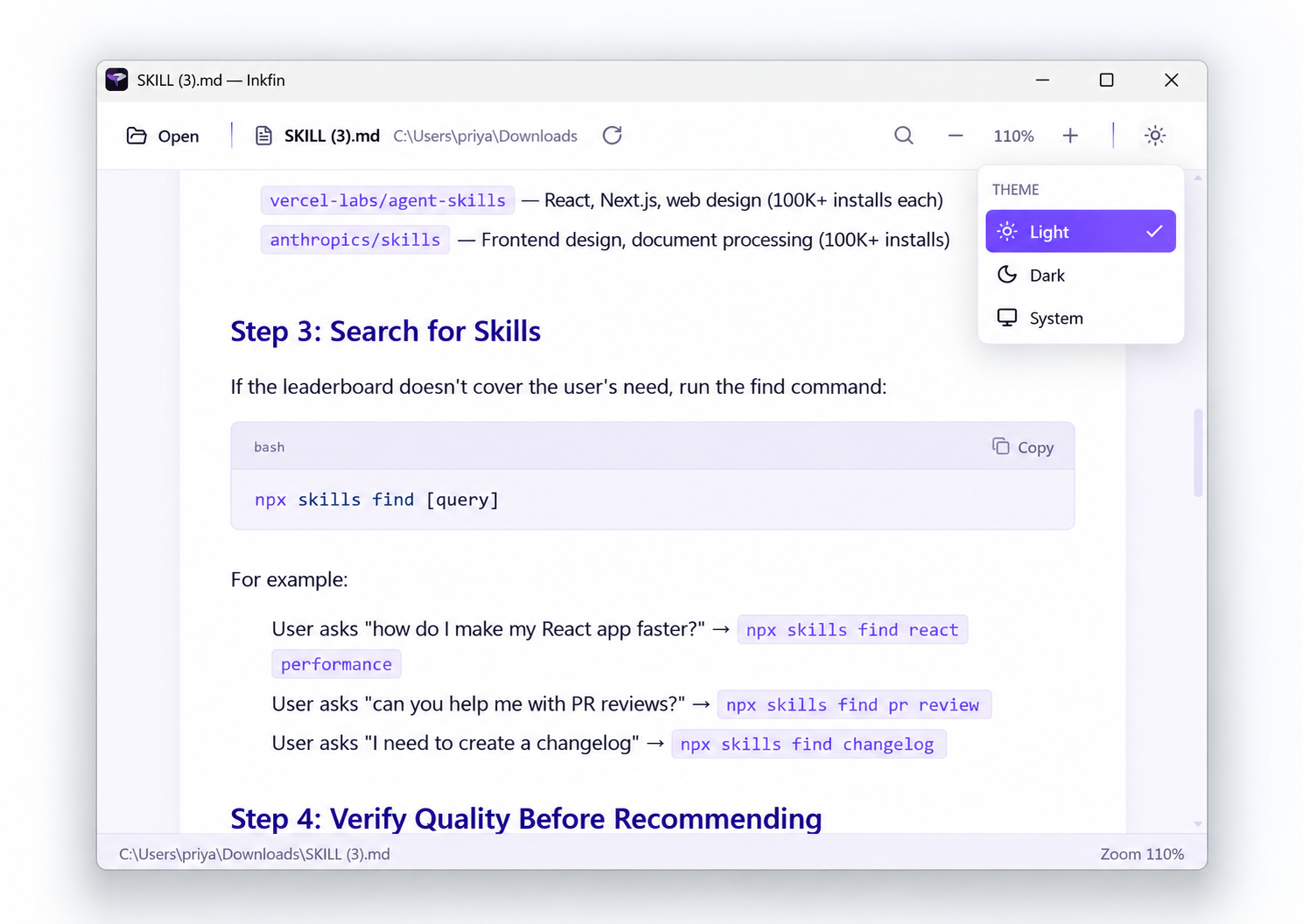 A Markdown document rendered in Inkfin's light theme