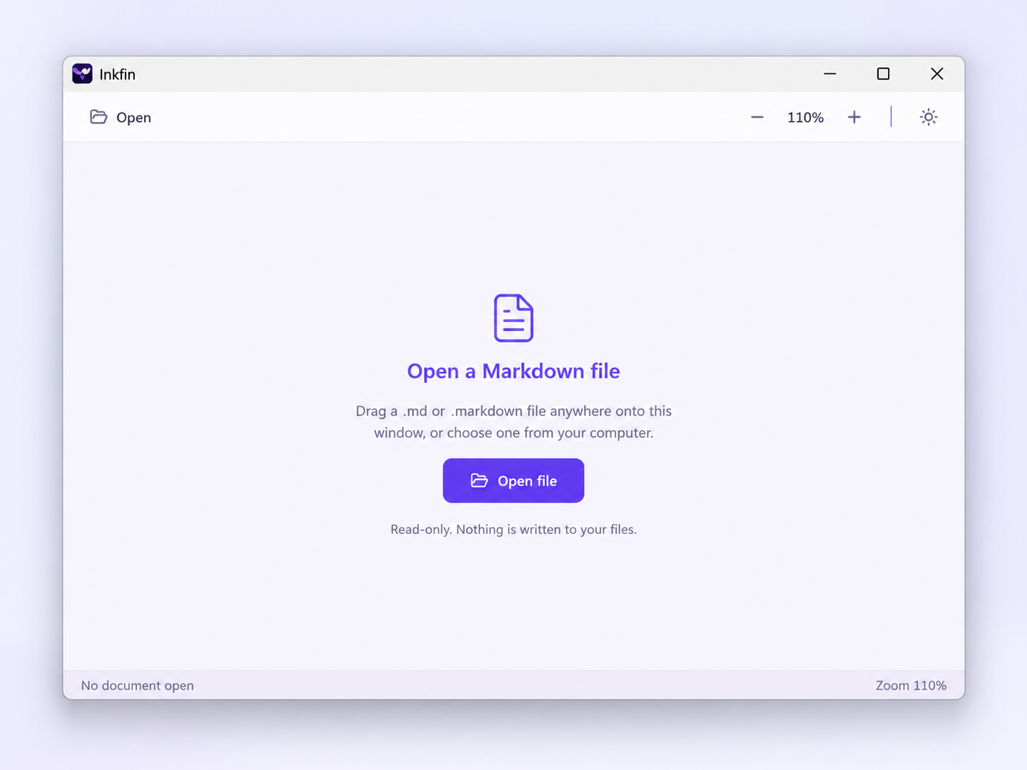 Inkfin displaying a document with its light theme menu open